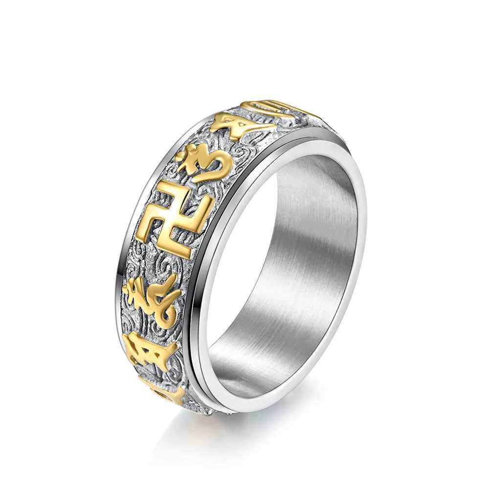 Anneaux de bande Écritures bouddhistes Mantra à six caractères Mantra Titanium Steel Ring pour hommes et femmes peut être rotée en rotation de nuage de bon augure de Lotus 240125