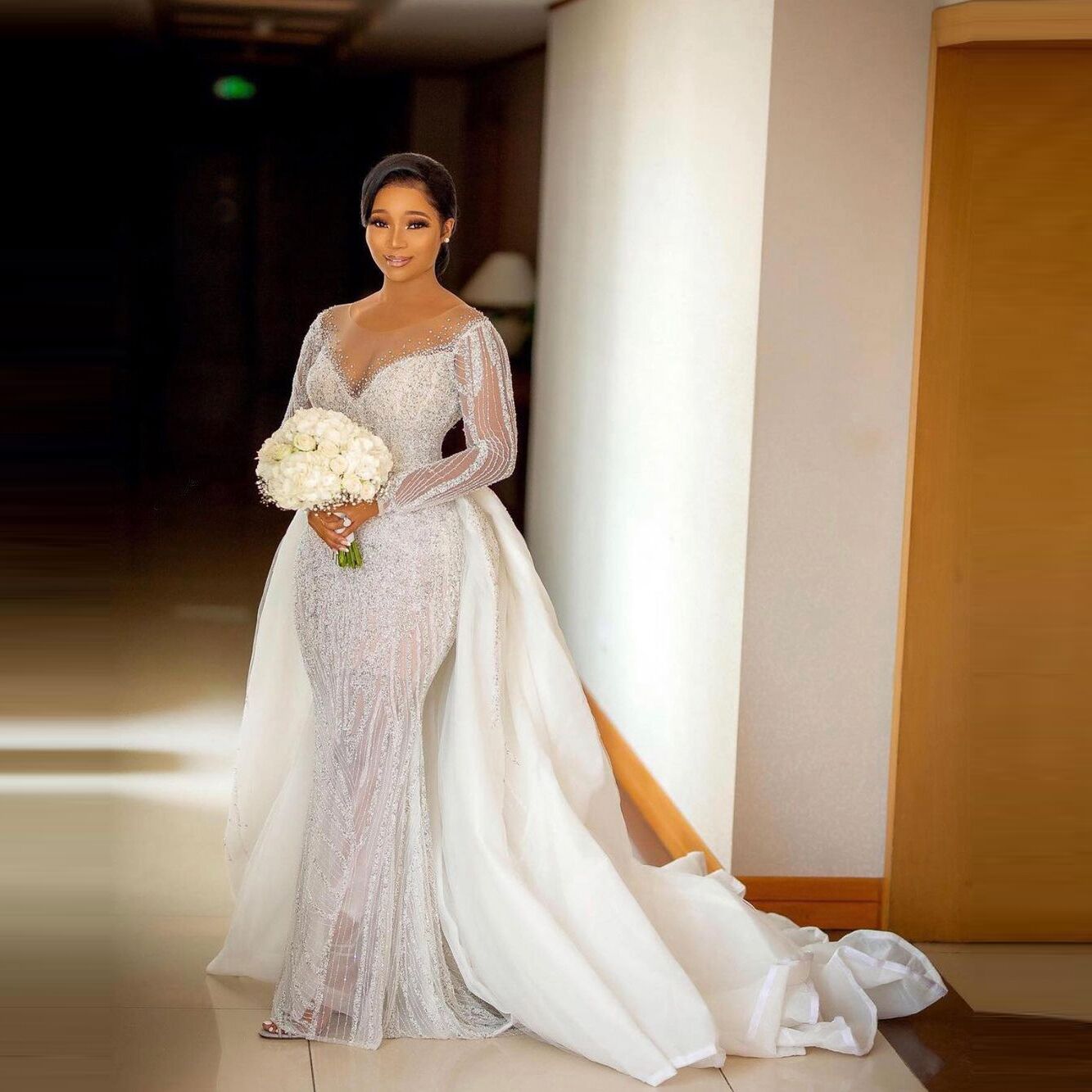 Классические свадебные платья русалки с верхней юбкой и блестками, хрустальные свадебные платья с длинным рукавом на заказ, платье невесты больших размеров