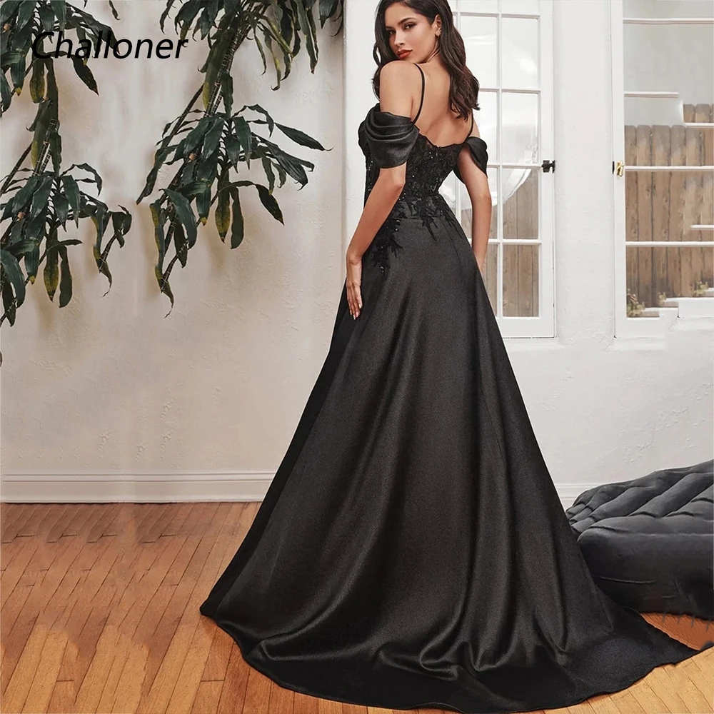 Classic Black Off Shoulder Evening Dresses With Straps Shiny Sequined Lace Appliques Pleated Women Formal Gowns Sexy Thigh Split Chic Vestidos Prom Dress CL3251