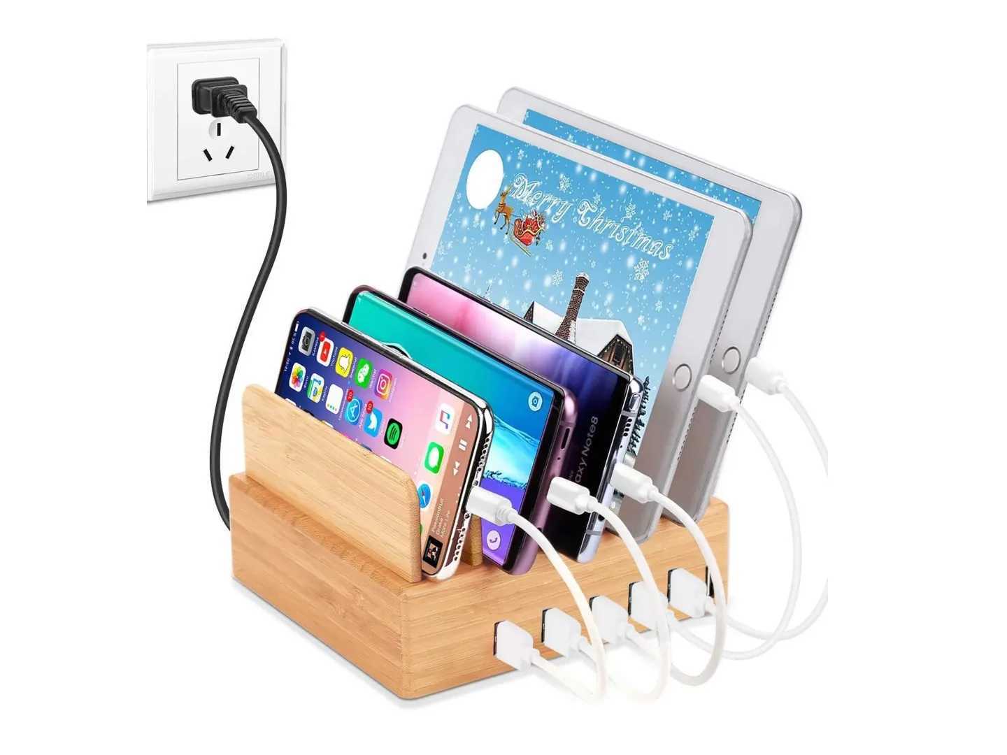 Tablet PC Stands LIZENGTEC Houten Tablet Stand Fit Mobiele Tablet Opbergdoos 6 Poorten Opladen Nieuw Ontwerp YQ240125