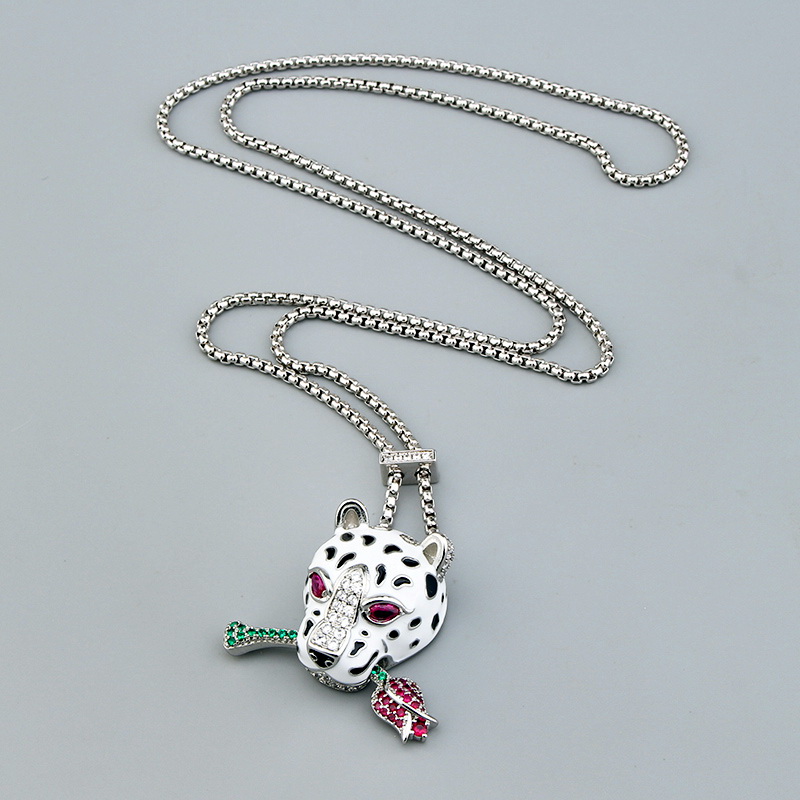 New Designed Fashion Enamel color cheetah Leopard head necklace women men thick chain Punk bracelet silver full diamonds earring Designer Jewelry Lie-60216710