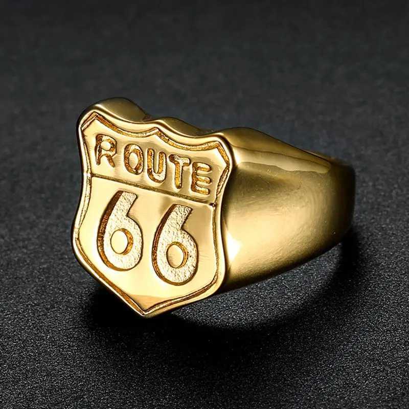 Bandringar Gratis frakt 316L Rostfritt stål Silverfärg Black Golden Plated Biker Route 66 Ring Men's Motorcycle Club Anniversary Rings 240125