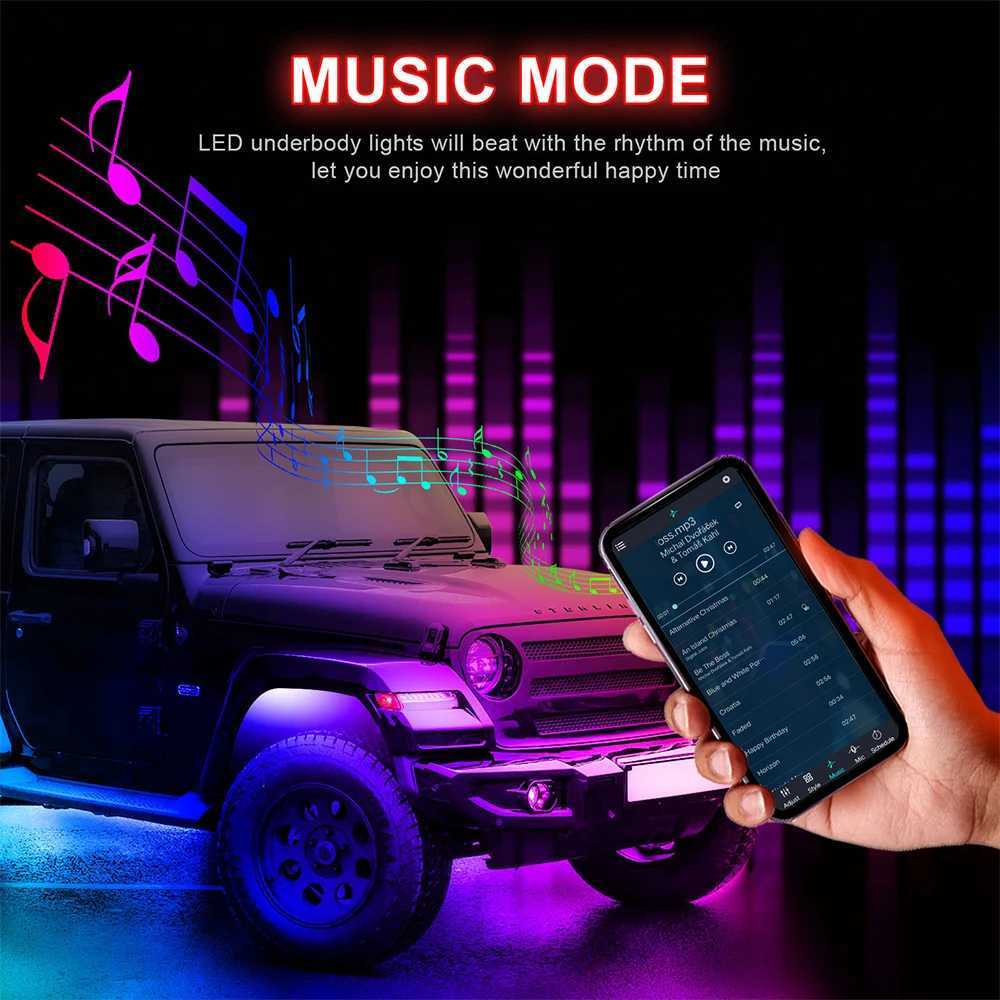 LED Neon Sign 4/6/8 Pods RGB LED Rock Lights Kit Super Bright Auto Underbody Neon Music Light Bluetooth APP Decoration Lamp Car Accessories YQ240126