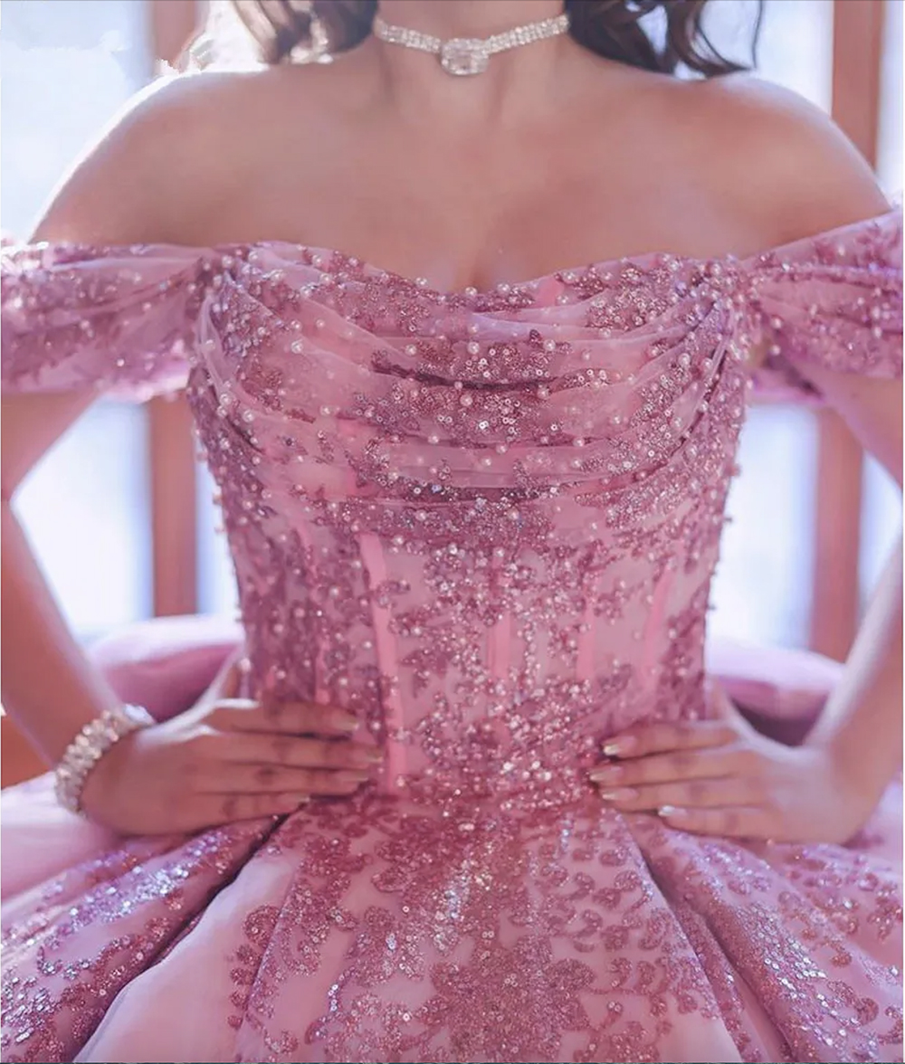 Rosa gillter quinceanera klänningar bollklänning söt 15 16 år korsett snörning prinsessan prom klänning vestidos de 15 anos anos