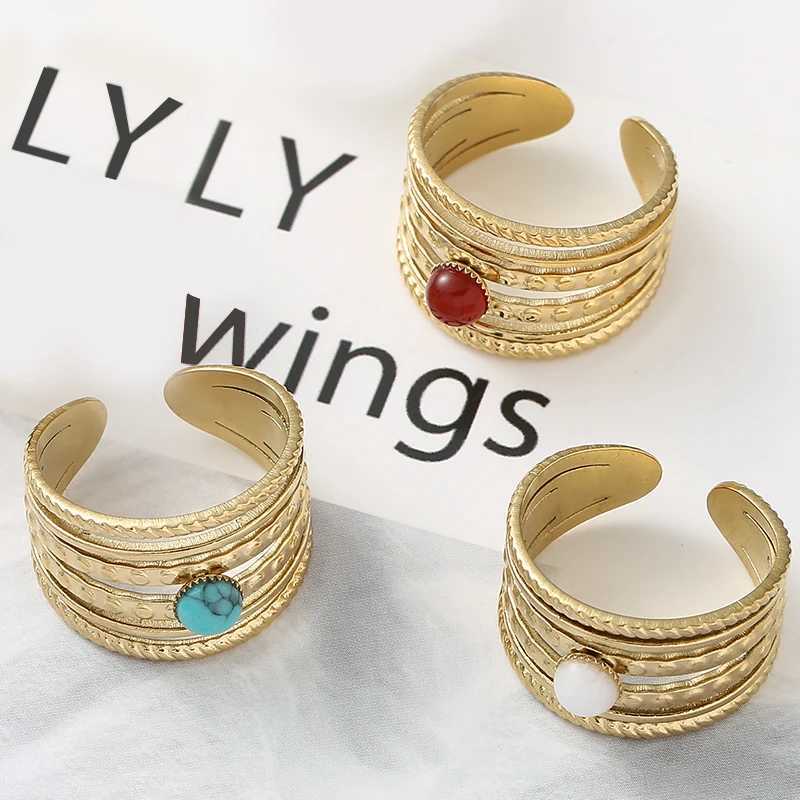 Anéis de banda Anel boêmio Anéis de aço inoxidável para mulheres Banhado a ouro Oco Multi-camadas Anéis Turquesa Pedra Natural Jóias Tendência 2022 240125