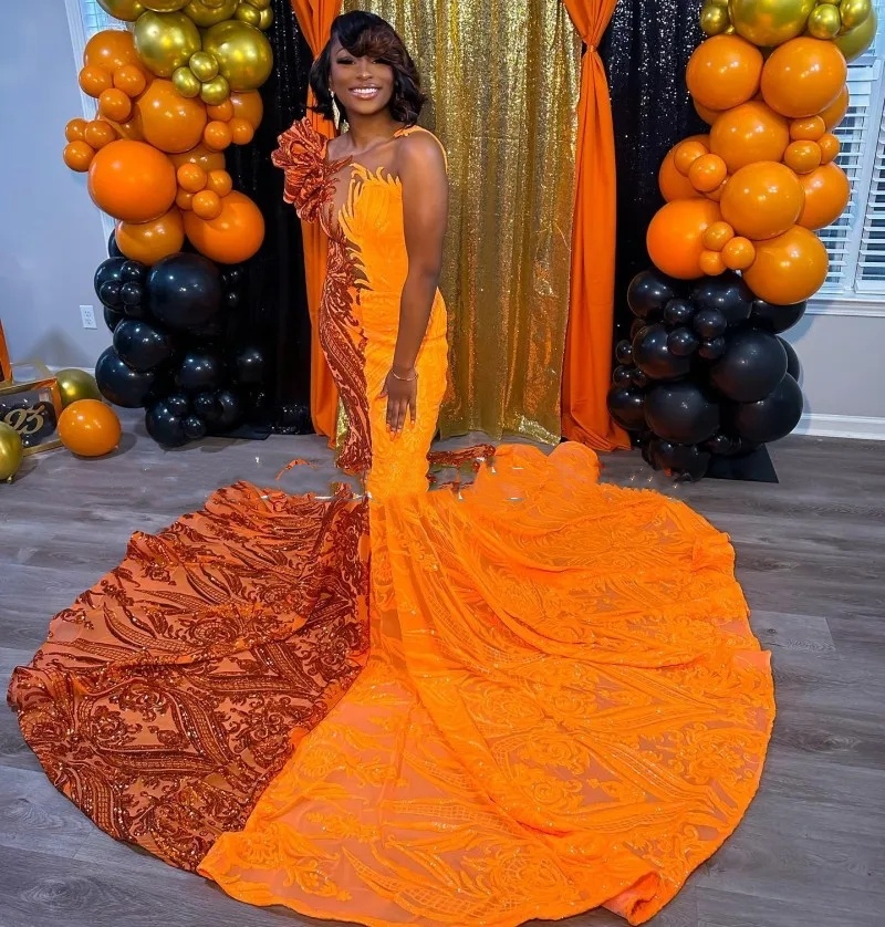 Sparkle Orange Prom Dresses For Black Girl 2024 Sheer Neck Mermaid Party Gowns Long Sleeve One Shoulder Sequin Vestidos De Festa