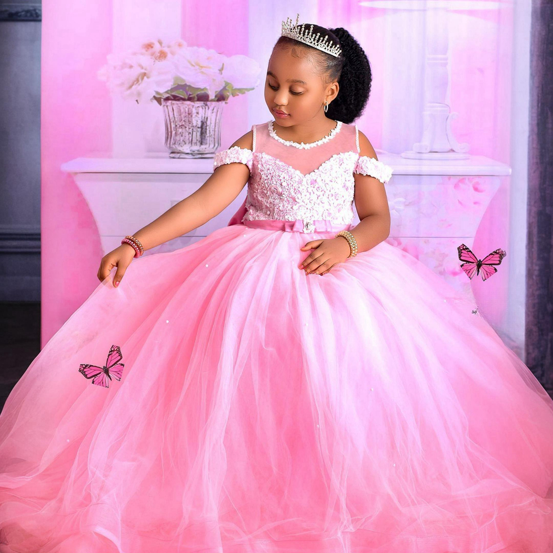 African Pink Flower Girl Dresses Sheer Neck Appliqued Lace Tiered Bow Tulle Flowergirl Dresses Princess Queen Girls Birthday Party Dress for Marriage F061