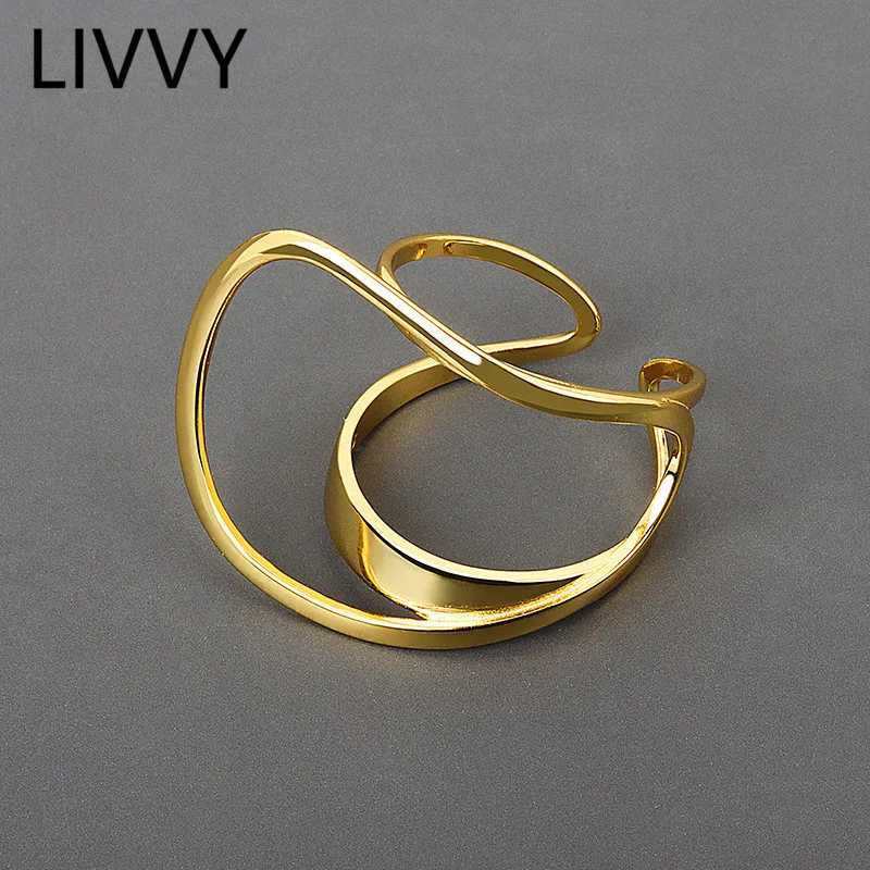 Band Rings Livvy Silver Color Party Ring New Fashion Double-Layer Glossy Ring Smycken för kvinnor Storlek Justerbar 2021 Trend 240125