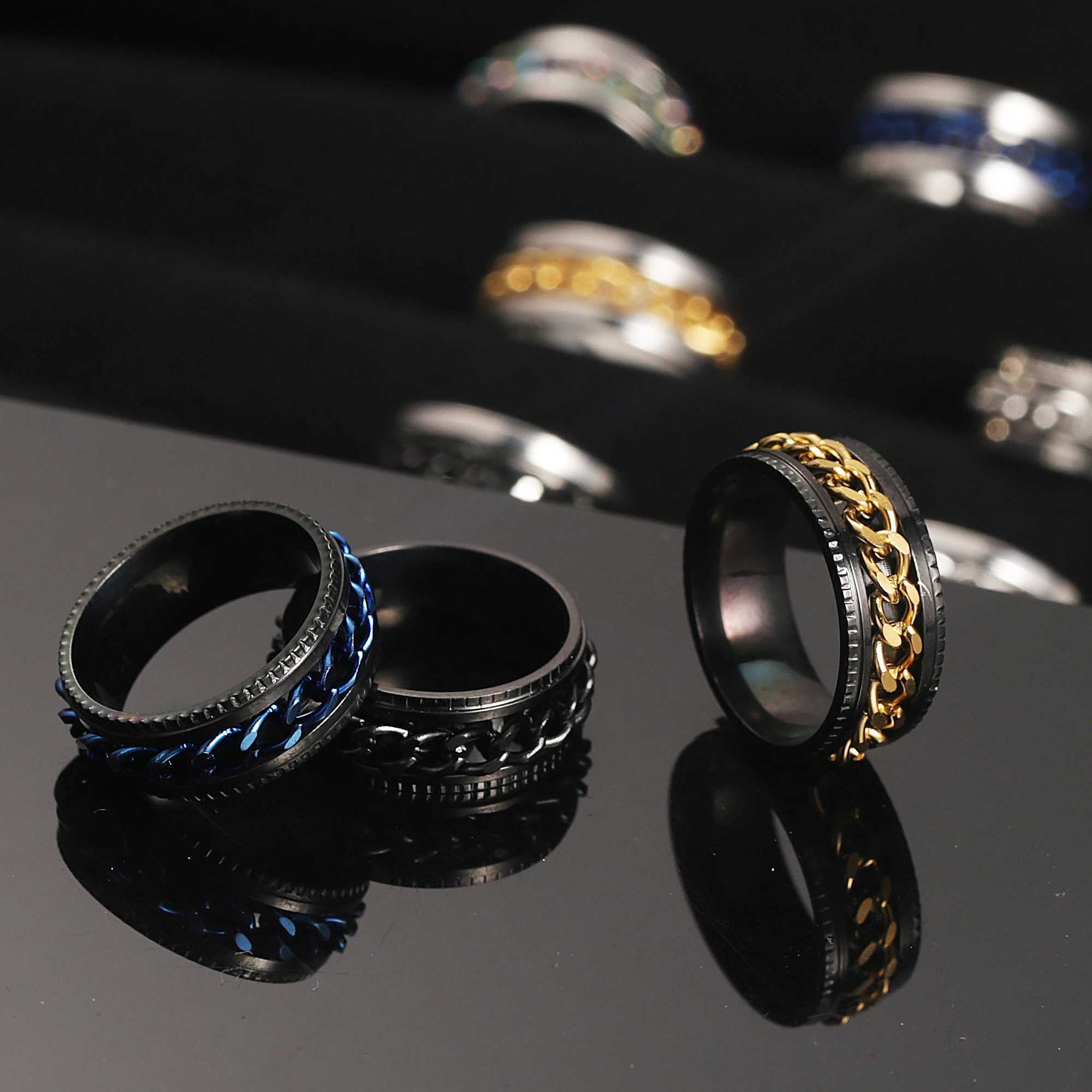 Anéis de banda Novo legal aço inoxidável rotatable casal anel de alta qualidade spinner cadeia rotativa anéis para mulheres homem punk jóias festa presente 240125
