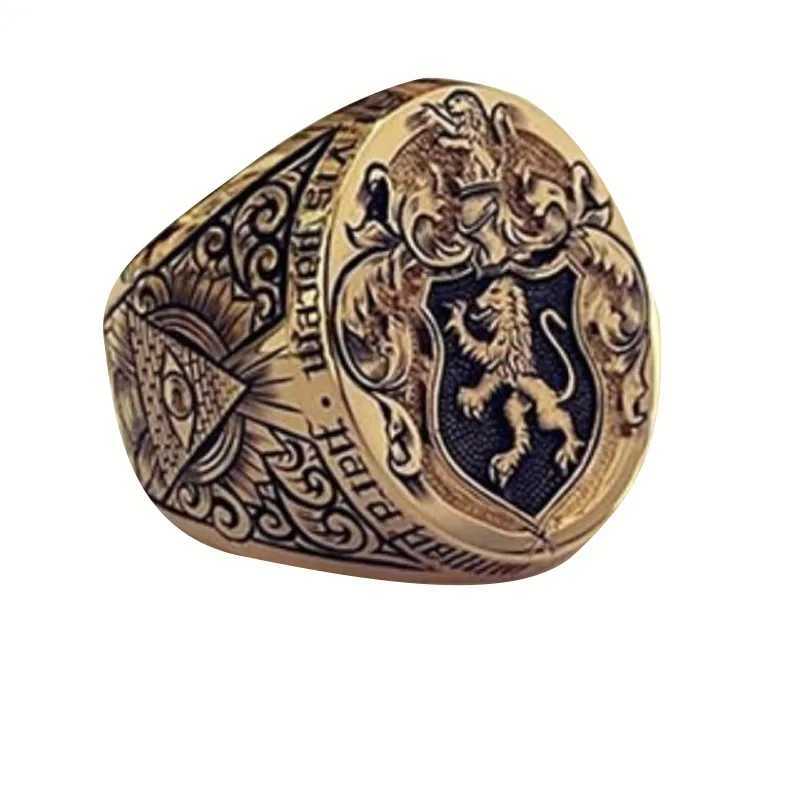 Band Rings Vintage England Crown Lion Ring Hand Carved Seal Ring Noble Men Engagement Wedding Ring Anniversary Gift Party Jewelry 240125