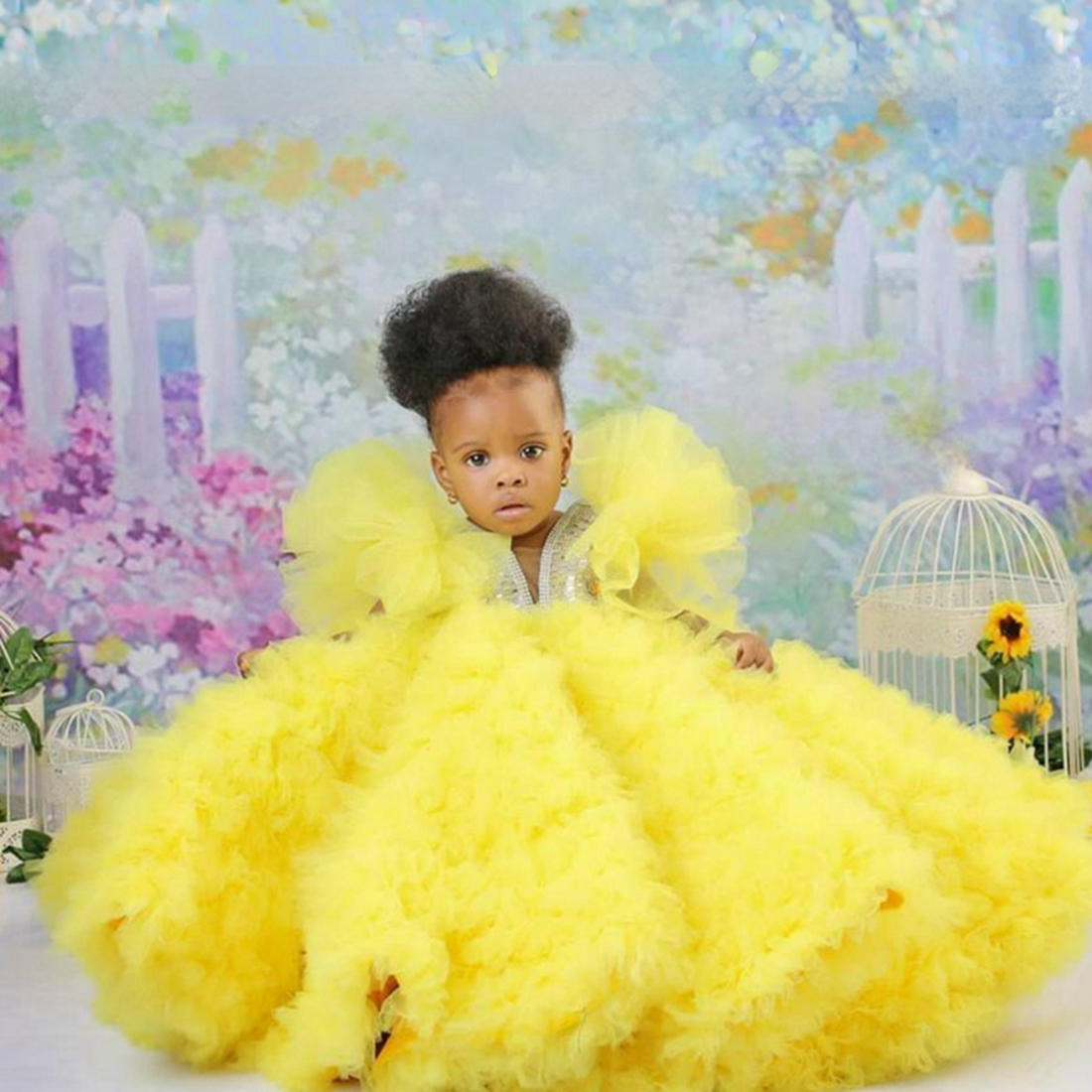 Yellow Flower Girl sukienki v szyi z koralikami Rehinestones Warstwowe plisowane falbany Tiul Flowergirl Sukienki księżniczki Królowa Kid