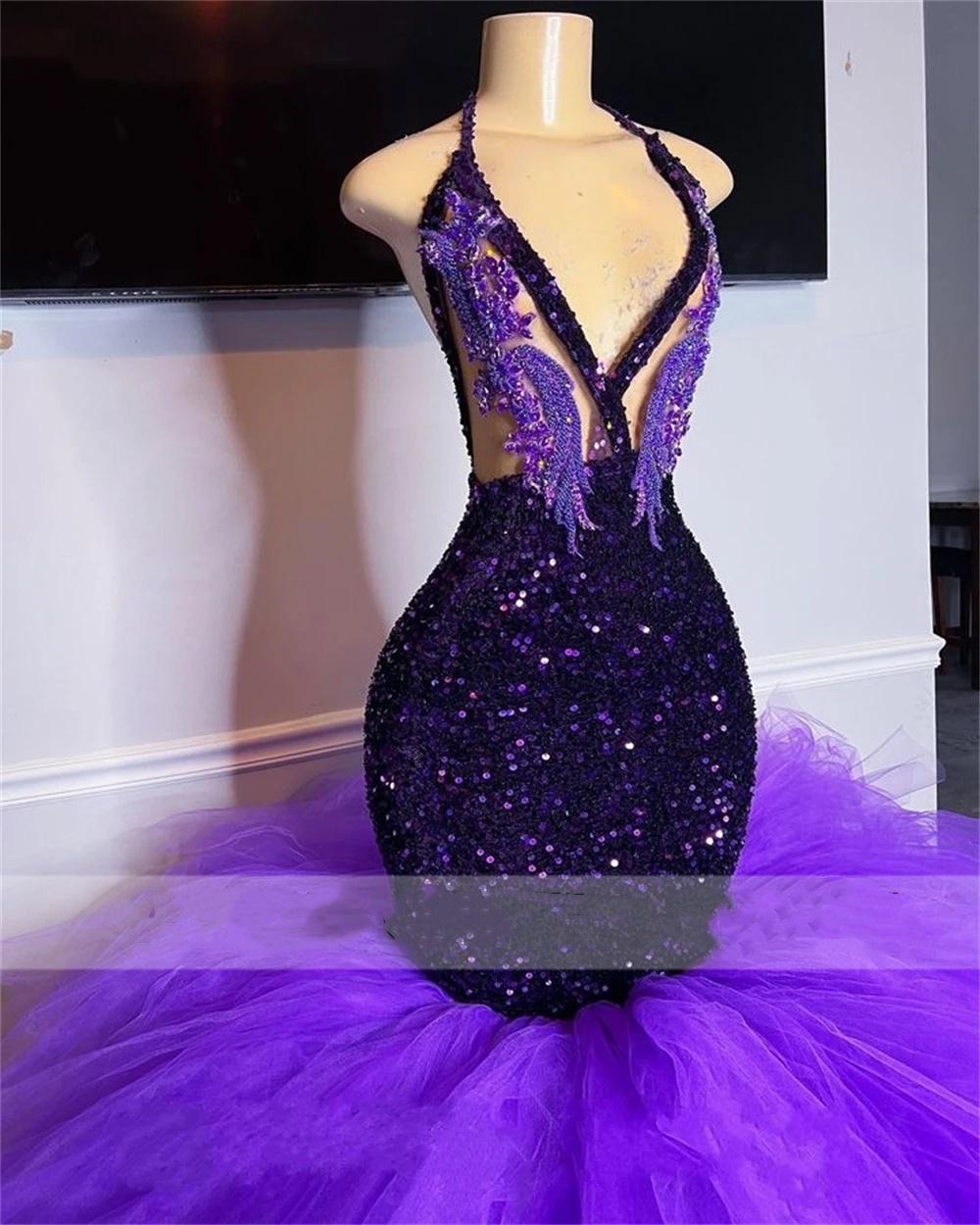 Unique Purple Tulle Train Sequin Halter Prom Dresses African Formal Dress Mermaid Party Gowns Black Girls vestidos de gala