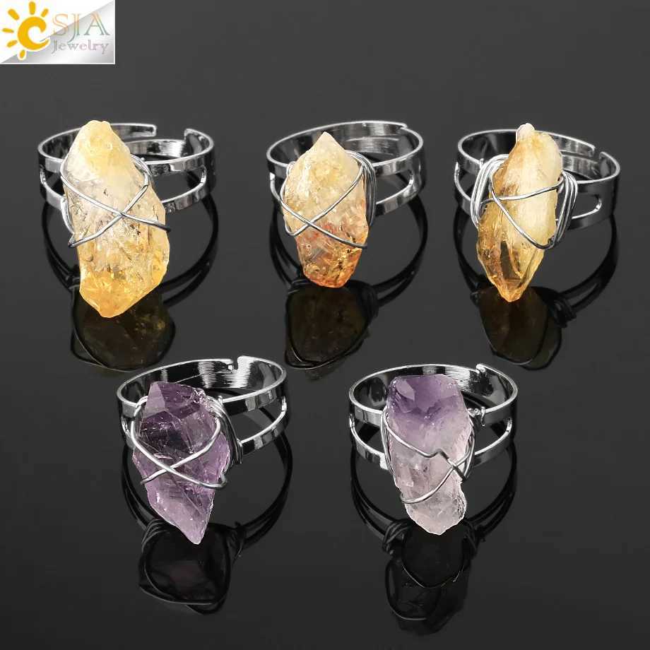 Anéis de Banda CSJA Mulheres Anel Natural Pedra Irregular Cristal Cor Prata Fio Envolto Ajustável Anéis Abertos Reiki Moda Jóias Festa G559 240125