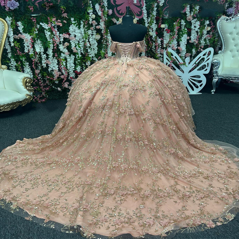 Roze Uit De Schouder Kralen Kristal Quinceanera Jurken Baljurk 3D Bloemen Goud Applicaties Kant Sweet 15 Vestidos De XV Anos