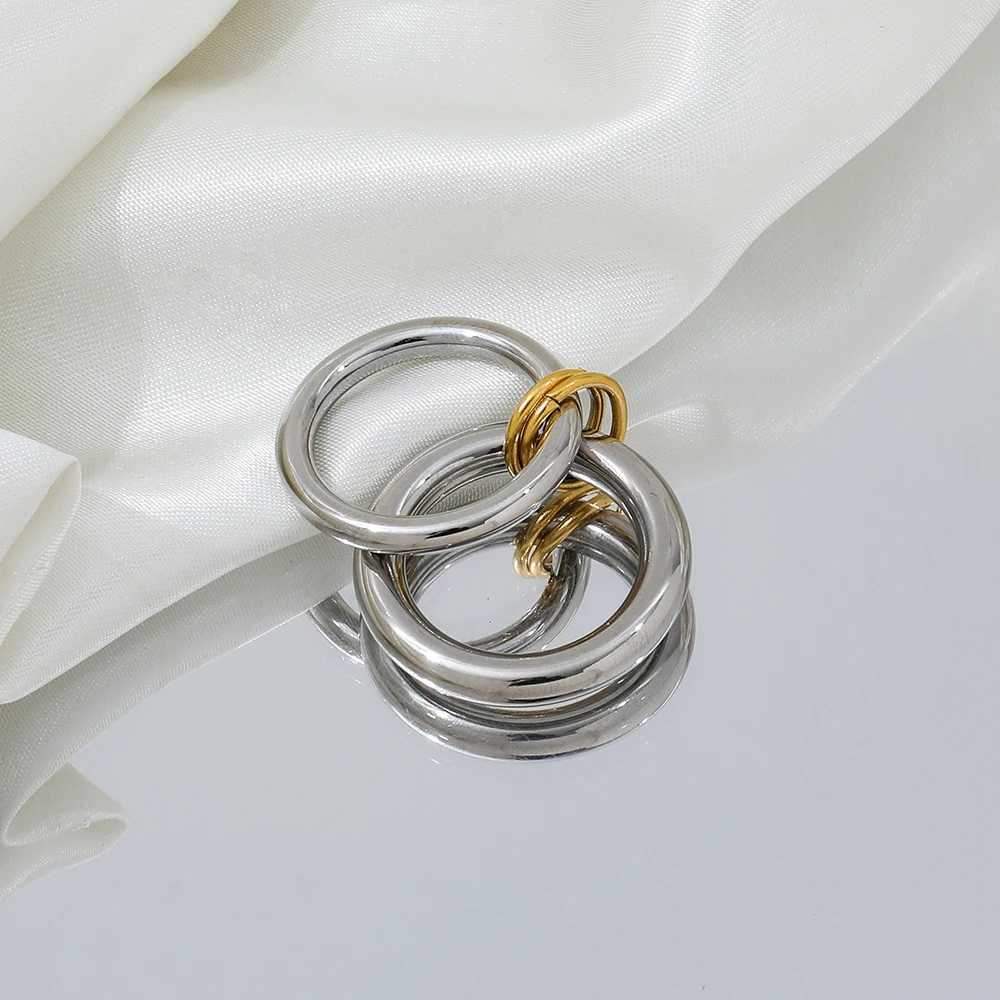 Band Rings Joolim High End PVD Waterproof Hip-hop Two-tone Double Circle Connection Ring for Women Stainless Steel Jewelry Wholesale 240125