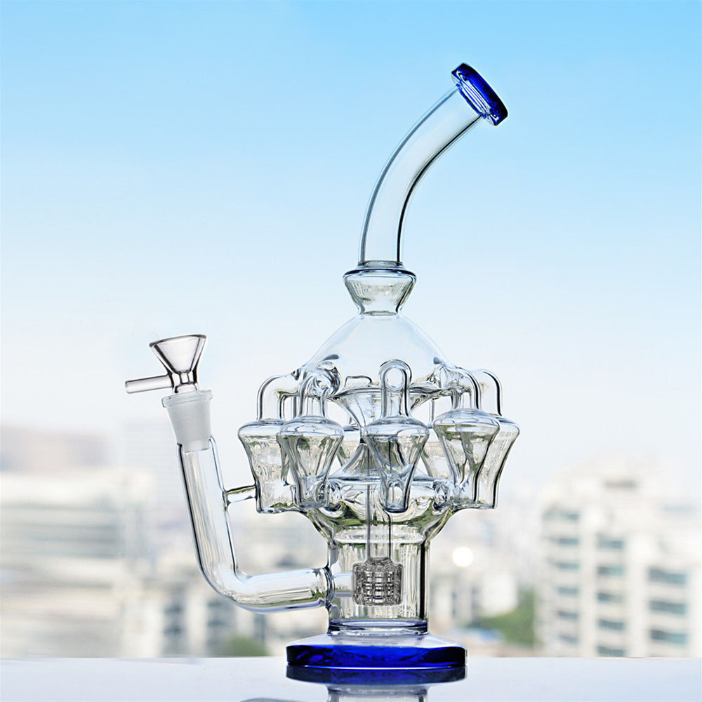 Matriz estéreo Perc Glass Hookahs Recycler Bong Bubbler Wax Dabber Plataformas petroleras Cabezal de ducha difuso Tubos de agua de reflujo con junta de 14 mm