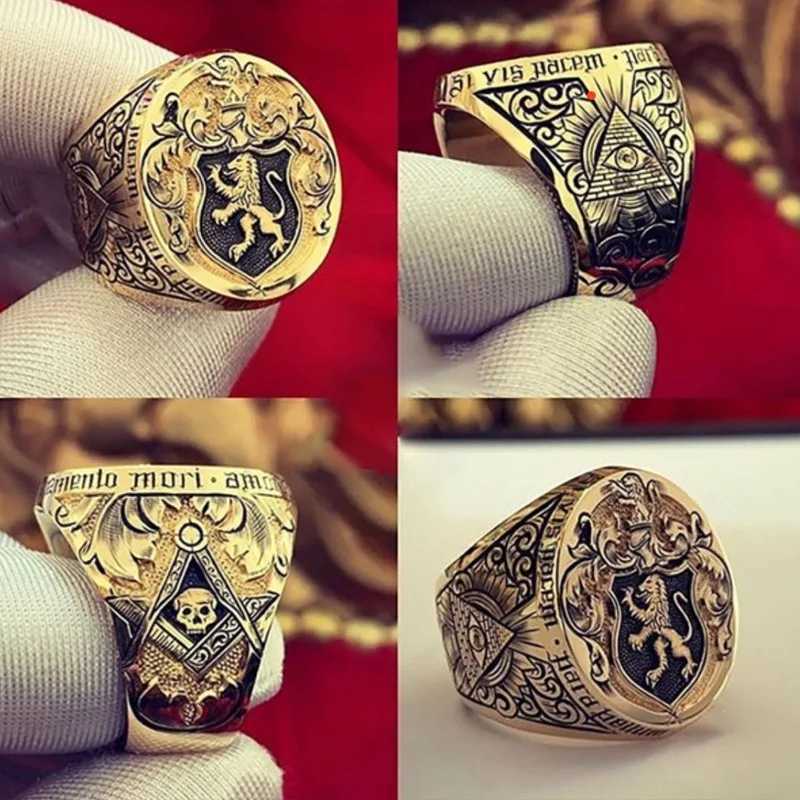 Band Rings Vintage England Crown Lion Ring Hand Carved Seal Ring Noble Men Engagement Wedding Ring Anniversary Gift Party Jewelry 240125