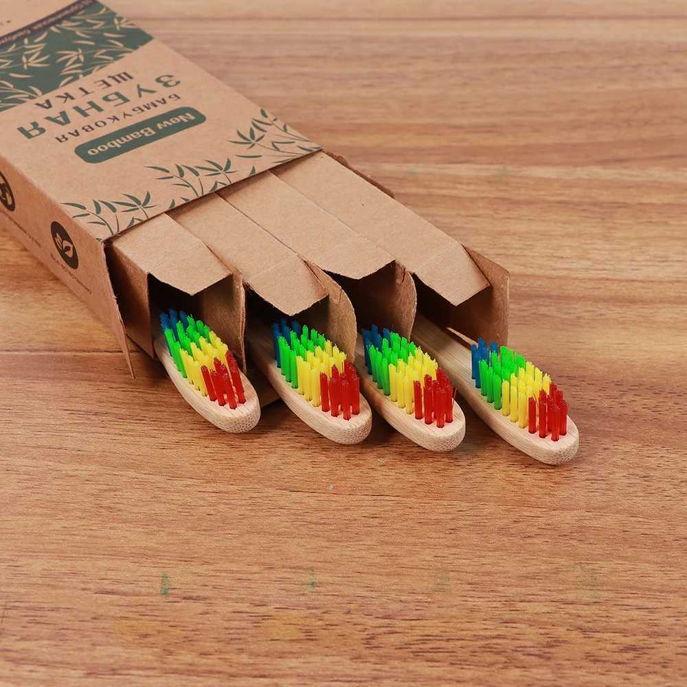 Spazzolino da denti 4 pezzi/scatola Spazzolino arcobaleno Spazzolino da denti in bambù naturale Setole morbide Carbone di legna Prodotti ecologici vegani l'igiene orale dentale