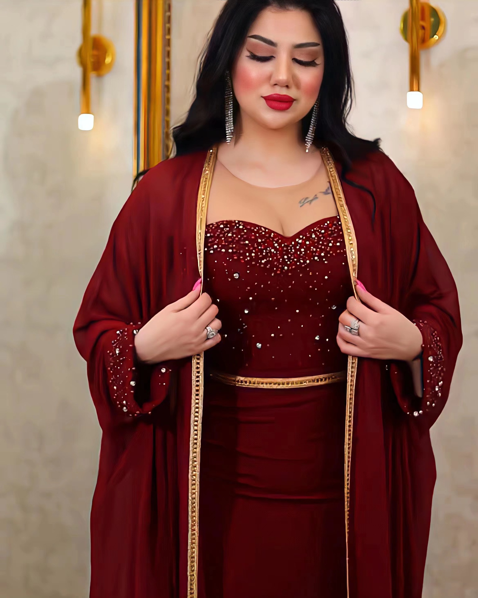 Medio Oriente musulmán Abaya Mujer Diamante Luz Lujo Rebordear Vestidos de dos piezas con cárdigan Vestido de noche elegante Vestido de Ramadán Ropa