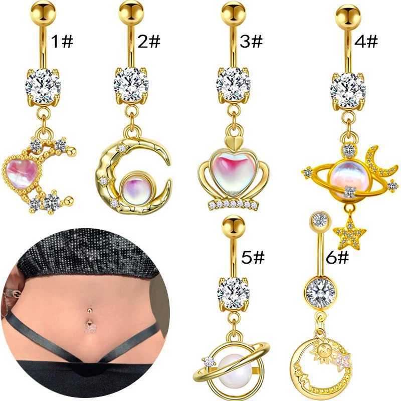 Navel Bell Button Rings New Fashion Bellybutton Ring Stainless Steel Rod Women's Zircon Pendant Belly Jewelry Moon Heart Perforated Bellybutton Pin YQ240125