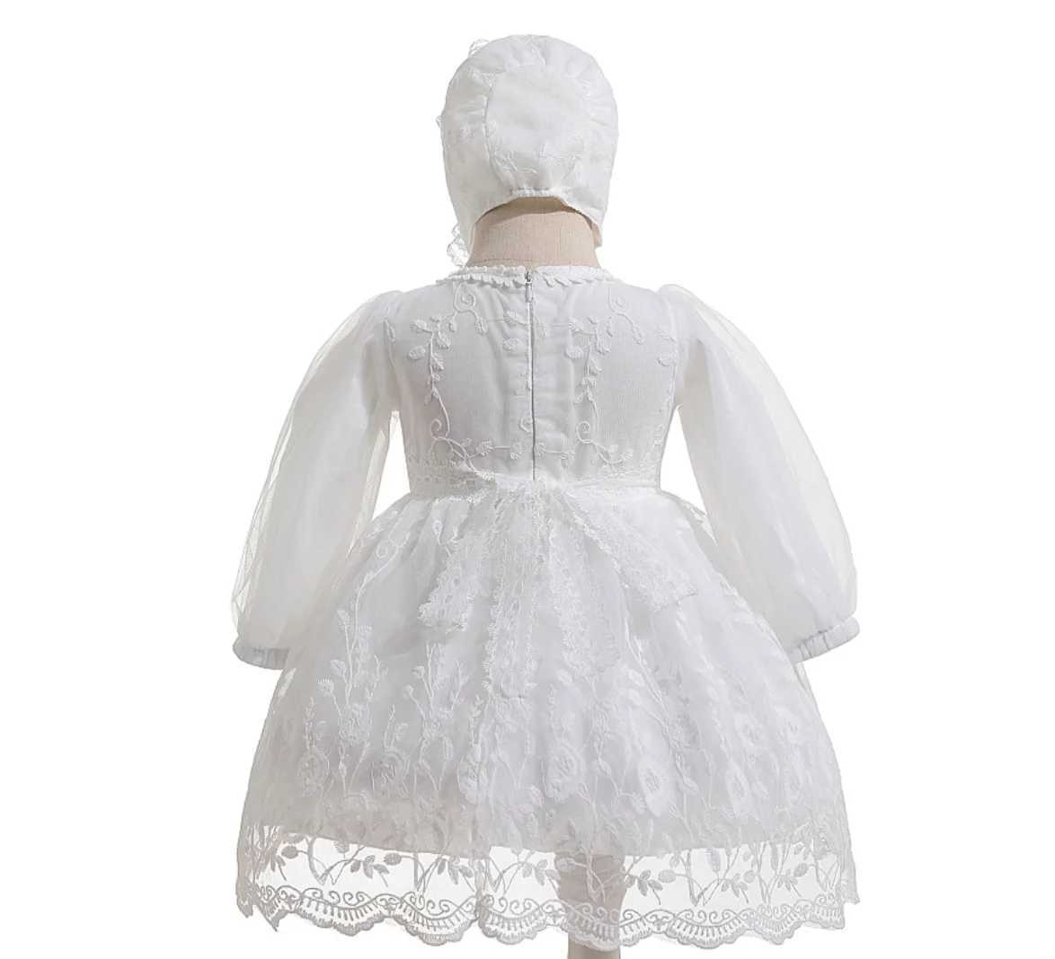 Robes de fille 1ère robe de fête d'anniversaire pour fille nouveau-né automne en dentelle blanche princesse bébé robe baptême avec chapeau pour bébé