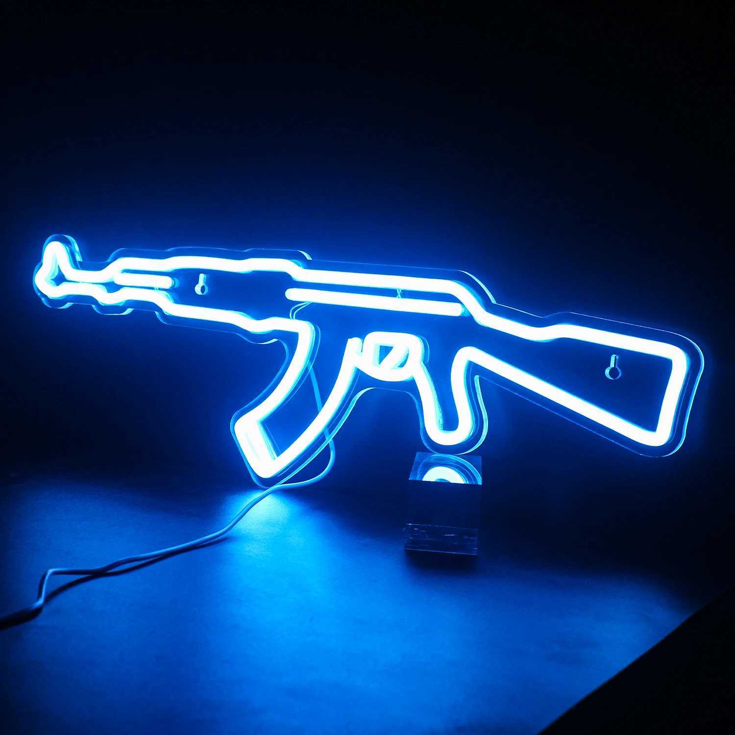 Светодиодная неоновая вывеска AK 47 Светодиодная неоновая вывеска Световой пистолет Led Super Cool Подвесной ночник Игровая комната Магазин Бар Вечеринка Персонализированные украшения стен Неон YQ240126