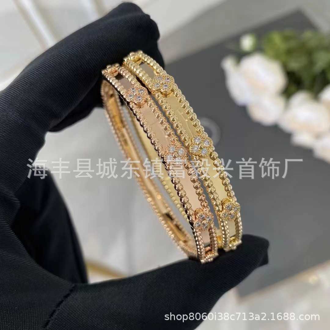 Diseñador Van cl-ap Fanjia Pulsera estrecha con caleidoscopio y trébol de edición alta para mujer, oro rosa de 18 quilates, ancha y llena de estrellas