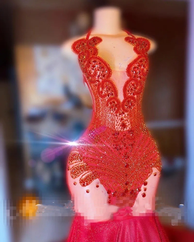 Luxury Red Prom Dresses For Black Girls 2024 Rhinestone Mermaid Party Gowns Halter Sequin Crystal Vestidos De Festa
