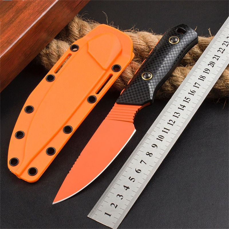 3 Models BM 15600OR Raghorn Military Fixed Blade Knife Titanium Coating Blade Santoprene Handles Straight Knife Outdoor Tactical Survival EDC Tools