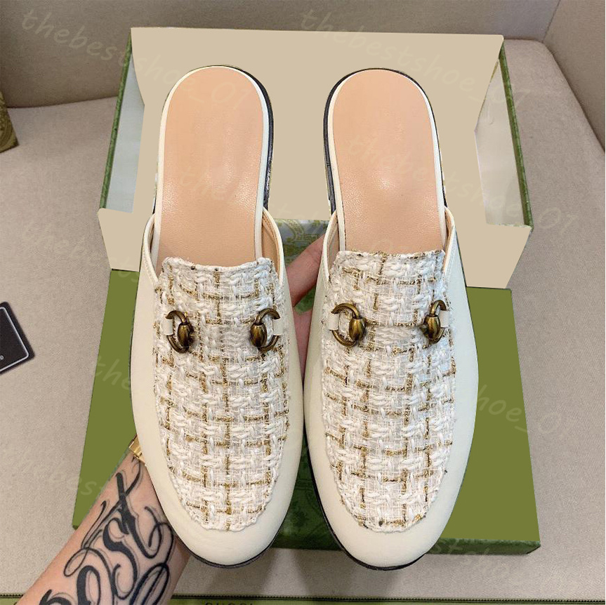 Designer tofflor Princetown äkta lädermulor Kvinnor Buckle Loafers Metal Chain Brodery Comfort Comfort Casual Shoes spets Velvet Mönster tofflor