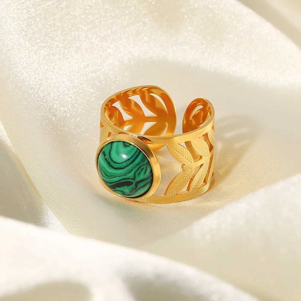 Pierścienie opaski UWORLD 18K Gold Gold puste liść regulowany okrągły zielony pierścień otwierający ze stali nierdzewnej Malachite Anillos Mujer 240125