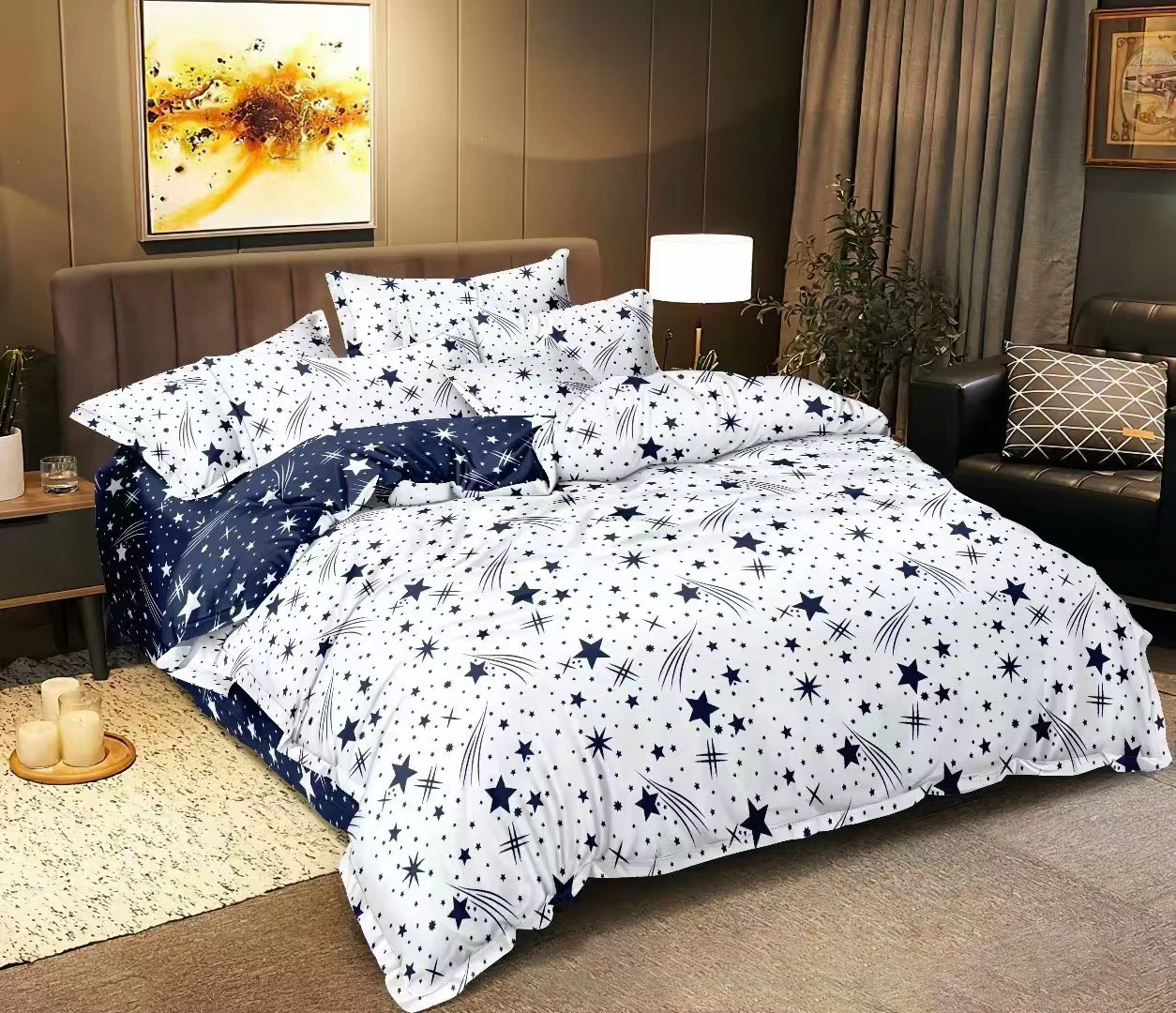 Home textile three-piece set, Starry sky simple double-sided printed quilt cover pillowcase kit, bedding