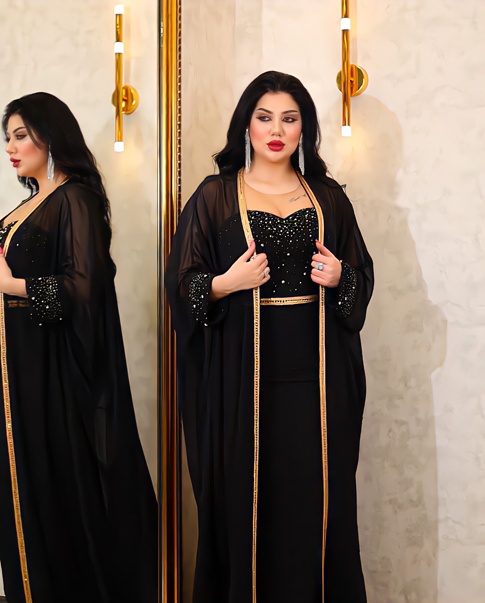 Medio Oriente Abaya musulmano Donna Diamante Luce Perline di lusso Abiti a due pezzi con cardigan Abito da sera elegante Abito Ramadan Abbigliamento