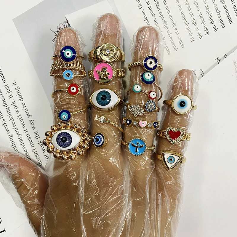 Bandringe 1 STÜCK Böhmischer Ethnischer Metall-Emaille-Böser-Augen-Ring für Frauen Vintage Punk Zirkon Herz Blaues Auge Fingerring Türkei Schmuck Geschenk 240125