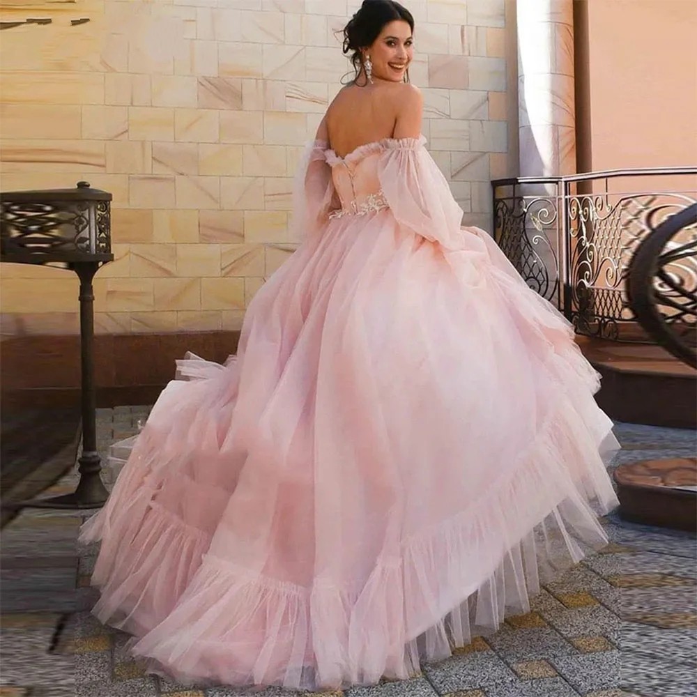 Blush Pink Puff długie rękawy sukienki na studniówkę koronkową Romantyczną Tiul Fairy Formalne suknie wieczorowe Plusy rozmiarowe Drugi przyjęcie przyjęcia sukienka przyjęta Cl3250