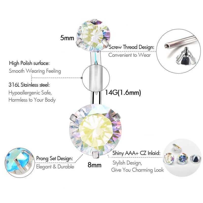 Anneaux de nombril 1 pièce/paquet en acier inoxydable chirurgical 316L, anneaux de nombril, barre de perçage avec zircone cubique ronde, bijoux de corps YQ240125