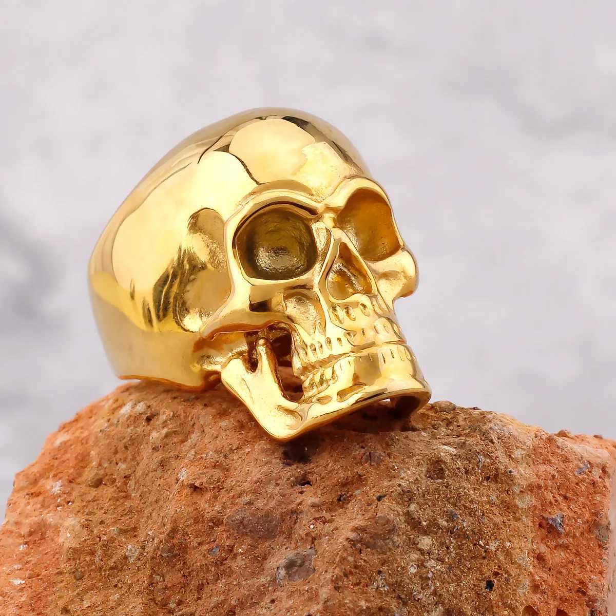 Band Rings Gothic High Polish Skull Gold/Steel Color Rings for Men Stainless Steel Heavy Metal Skull Ring Punk Motorcyclist Jewelry Gifts 240125