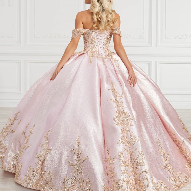 Luxury Pink Shiny Quinceanera Dresses 2024 Gold Lace Appliqued Beads Crystal Off the Shoulder Ball Gown Sweet 15 Vestidos De