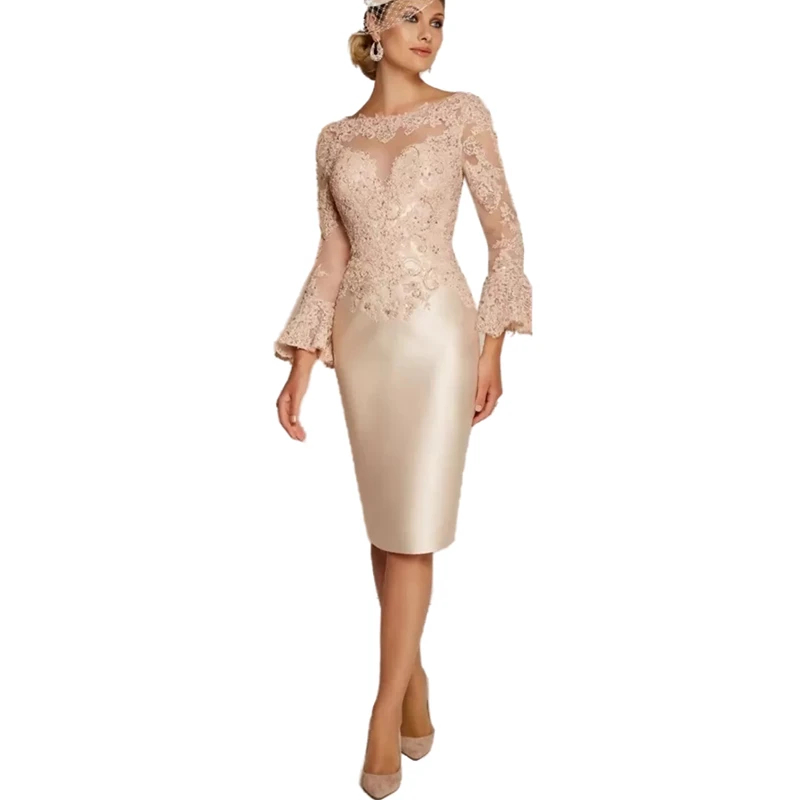 Elegant Sheath Knee Length Mother Of The Bride Dresses Long Sleeves Lace Appliques Beaded Short Pink Wedding Guest Dress For Women 2024 Groom Mom Evening Formal Gowns