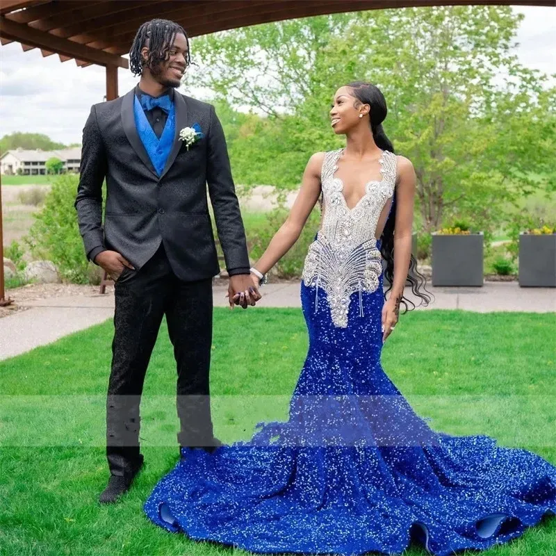 Royal Blue Long Mermaid Prom Dresses For Black Girls 2023 Beaded Crystal Evening Gowns Sequins Party Gown Robe De GW0210