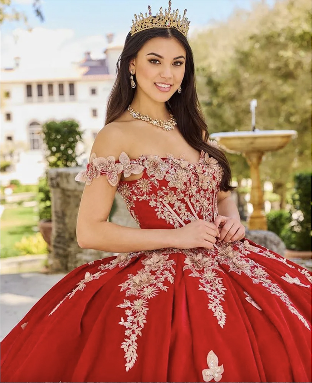 Red 3D Butterfly Princess Quinceanera Dresses Ball Gown Off The Shoulder Gold Appliques Corset Sweet 15 Vestidos De XV Anos