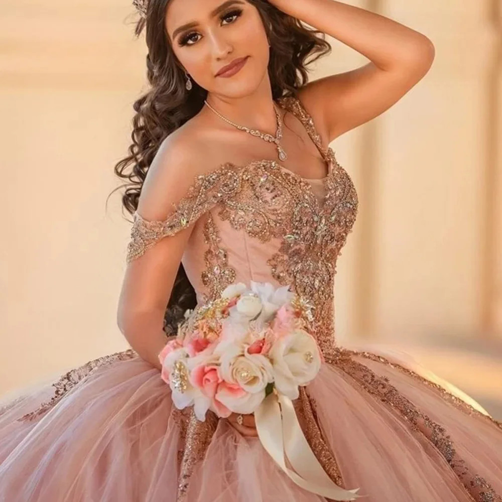 Pink Floral Quinceanera Dresses Sweetheart 3D Flowers Ruffles Corset Sweet 15 Vestidos De Anos Ball Gown Off The Shoulder Prom Dress
