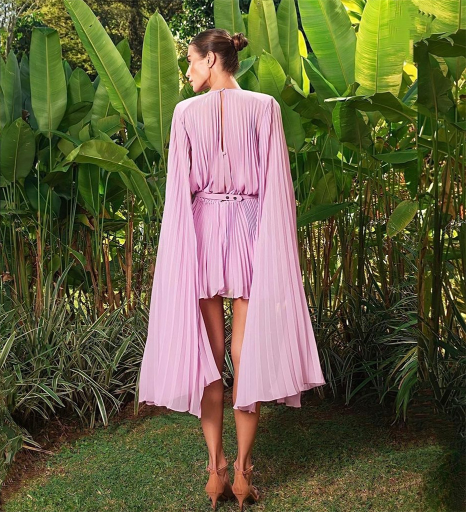 Abiti da ballo eleganti in chiffon corto rosa con volant con fascia a trapezio a maniche lunghe mini abito da festa maxi abiti da sera formali le donne