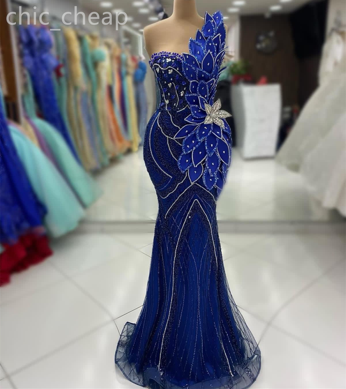 2024 Aso Ebi Royal Blue Mermaid Prom Dress Beaded Crystals One Shoulder Evening Formal Party Second Reception Birthday Engagement Gowns Dresses Robe De Soiree ZJ68