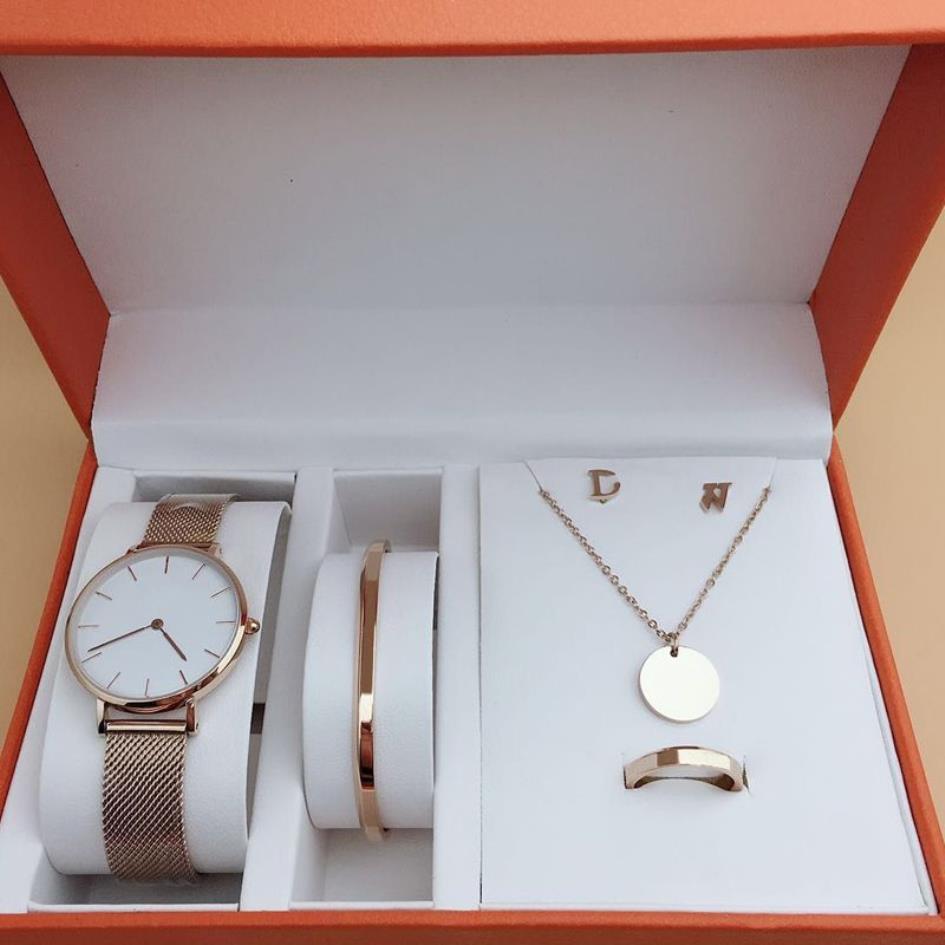 Nuovi orologi da donna di moda Orologio da polso classico in acciaio inossidabile con set di gioielli firmati 5 pezzi Orecchini Bracciali Collane Anelli L2201