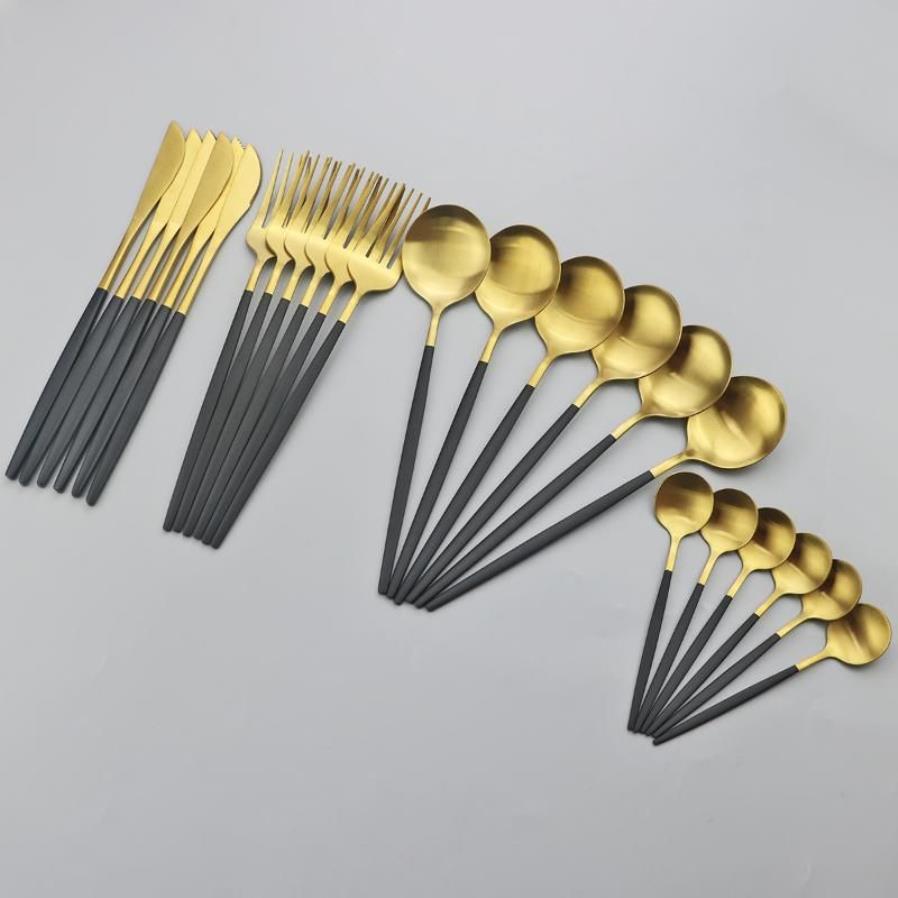 24st Black Gold Matte Middagsbidragsset Set rostfritt stål Tabellesuppsättning Hem Knife Fork Spoon Flatware Diskmaskin Safe245p