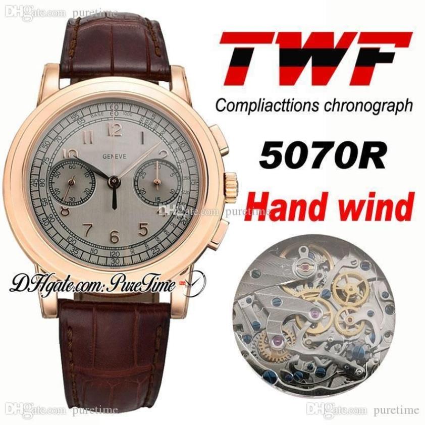 TWF Platinum Compliacttions Cronógrafo 5070R Relógio Masculino Automático de Corda Manual 18K Ouro Rosa Cinza Dial Couro Marrom PTPP Puretim275i