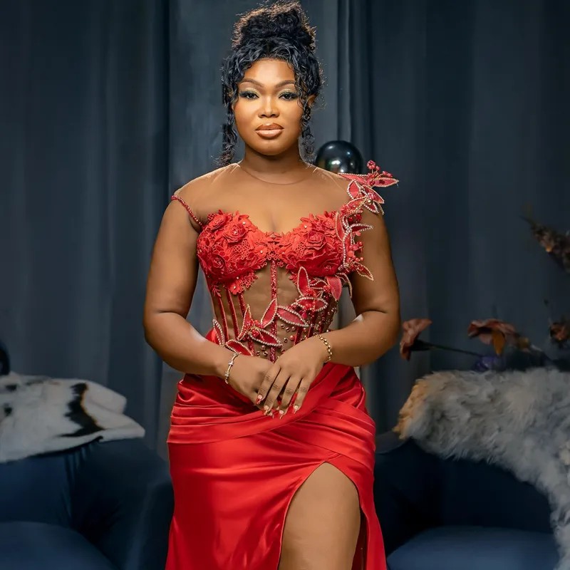 Aso Ebi Perles Perles Rouge Robes De Bal 3D Fleurs Dentelle Appliqué Femmes Robes De Soirée Formelles Grande Taille Sexy Split Robes Deuxième Réception Gala Robe De Soirée CL3257