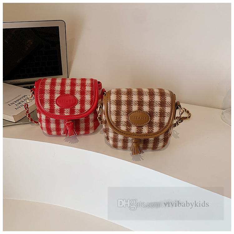 Crianças borla bolsas meninas ombro único xadrez sela saco moda mini bolsa crianças metais corrente sacos do mensageiro z6865