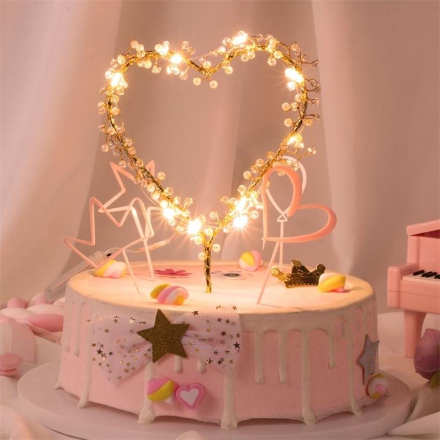 NEW Heart Shape LED Pearl Cake Toppers Baby Happy Birthday Wedding Cupcakes Party Cake Decorating Tool Y200618256C